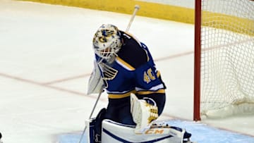 Sep 25, 2016; St. Louis, MO, USA; St. Louis Blues goalie Carter Hutton (40) makes a save against the Columbus Blue Jackets during the third period of a preseason hockey game at Scottrade Center. The Blues won 7-3. Mandatory Credit: Jeff Curry-USA TODAY Sports