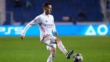 BERGAMO, ITALY - FEBRUARY 24: Lucas Vazquez of Real Madrid controls the ball during the UEFA Champions League Round of 16 match between Atalanta and Real Madrid at Gewiss Stadium on February 24, 2021 in Bergamo, Italy. (Photo by Emmanuele Ciancaglini/Quality Sport Images/Getty Images)