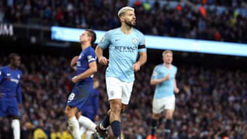 Manchester City's Sergio Aguero celebrates scoring his side's fifth goal of the game from the penalty spot and completing his hat-trick during the Premier League match at the Etihad Stadium, Manchester. (Photo by Martin Rickett/PA Images via Getty Images)