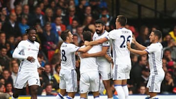 WATFORD, ENGLAND - AUGUST 20: Diego Costa of Chelsea celebrates scoring his sides second goal with his team mates during the Premier League match between Watford and Chelsea at Vicarage Road on August 20, 2016 in Watford, England. (Photo by Steve Bardens/Getty Images)