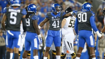 LEXINGTON, KY - OCTOBER 07: Josh Allen #41 of the Kentucky Wildcats motions at the bench during the game against the Missouri Tigers at Commonwealth Stadium on October 7, 2017 in Lexington, Kentucky. (Photo by Michael Hickey/Getty Images)
