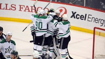 Apr 24, 2016; Saint Paul, MN, USA; Dallas Stars forward Jason Spezza (90) celebrates the 5-4 win over the Minnesota Wild in game six of the first round of the 2016 Stanley Cup Playoffs at Xcel Energy Center. Mandatory Credit: Marilyn Indahl-USA TODAY Sports