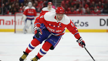 WASHINGTON, DC - FEBRUARY 23: Alex Ovechkin #8 of the Washington Capitals skates with the puck against the Pittsburgh Penguins during the first period at Capital One Arena on February 23, 2020 in Washington, DC. (Photo by Patrick Smith/Getty Images)