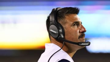 PHILADELPHIA, PA - AUGUST 08: Head coach Mike Vrabel of the Tennessee Titans looks on as a play is reviewed against the Philadelphia Eagles during the third quarter of a preseason game at Lincoln Financial Field on August 8, 2019 in Philadelphia, Pennsylvania. The Titans defeated the Eagles 27-10. (Photo by Corey Perrine/Getty Images)