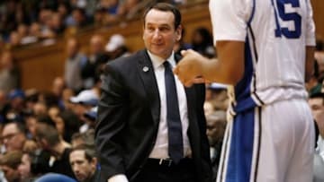 Nov 30, 2014; Durham, NC, USA; Duke Blue Devils head coach Mike Krzyzewski reacts to a call by the officials in their game against the Army Black Knights at Cameron Indoor Stadium. Mandatory Credit: Mark Dolejs-USA TODAY Sports