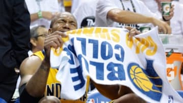 May 30, 2014; Miami, FL, USA; Indiana Pacers forward David West (21) reacts on the bench during the second half in game six of the Eastern Conference Finals of the 2014 NBA Playoffs against the Miami Heat at American Airlines Arena. Mandatory Credit: Steve Mitchell-USA TODAY Sports