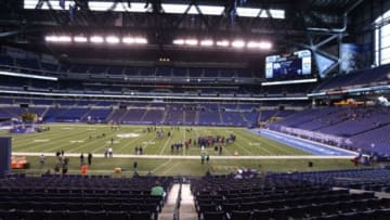 Feb 20, 2015; Indianapolis, IN, USA; A general view of offensive linemen conducting their workout during the 2015 NFL Combine at Lucas Oil Stadium. Mandatory Credit: Brian Spurlock-USA TODAY Sports