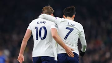 LONDON, ENGLAND - MARCH 07: Harry Kane of Tottenham Hotspur celebrates with Son Heung-Min of Tottenham Hotspur after scoring his side's third goal during the Premier League match between Tottenham Hotspur and Everton at Tottenham Hotspur Stadium on March 07, 2022 in London, England. (Photo by James Gill - Danehouse/Getty Images)