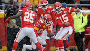 Tyreek Hill #10 of the Kansas City Chiefs celebrates with teammates after a 41-yard touchdown against the Denver Broncos in the game at Arrowhead Stadium on December 15, 2019 in Kansas City, Missouri. (Photo by David Eulitt/Getty Images)