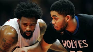 February 3, 2016; Los Angeles, CA, USA; Minnesota Timberwolves center Karl-Anthony Towns (32) speaks with Los Angeles Clippers center DeAndre Jordan (6) during the second half at Staples Center. Mandatory Credit: Gary A. Vasquez-USA TODAY Sports