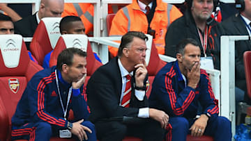 LONDON, ENGLAND - OCTOBER 04: Louis van Gaal manager of Manchester United and Ryan Giggs assistant manager of Manchester United look on during the Barclays Premier League match between Arsenal and Manchester United at Emirates Stadium on October 4, 2015 in London, England. (Photo by Michael Regan/Getty Images)