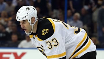 Mar 8, 2016; Tampa, FL, USA; Boston Bruins defenseman Zdeno Chara (33) against the Tampa Bay Lightning during the second period at Amalie Arena. Mandatory Credit: Kim Klement-USA TODAY Sports