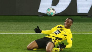 Youssoufa Moukoko celebrates scroting against Hertha Berlin (Photo by FRIEDEMANN VOGEL/POOL/AFP via Getty Images)