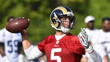 Aug 1, 2015; Earth City, MO, USA; St. Louis Rams quarterback Nick Foles (5) at Rams Park. Mandatory Credit: Jasen Vinlove-USA TODAY Sports