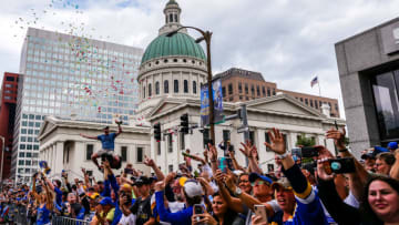 ST. LOUIS, MO - JUNE 15: Fans cheer and confetti flies during the St. Louis Blues Victory Parade on June 15, 2019, in Downtown St. Louis, MO. (Photo by Tim Spyers/Icon Sportswire via Getty Images)