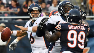 Aug 11, 2016; Chicago, IL, USA; Denver Broncos quarterback Mark Sanchez (6) drops back to pass against the Chicago Bears during the first quarter at Soldier Field. Mandatory Credit: Mike DiNovo-USA TODAY Sports