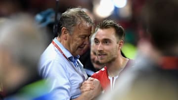 DUBLIN, IRELAND - NOVEMBER 14: Aage Hareide, Manager of Denmark and Christian Eriksen of Denmark celebrate victory after the FIFA 2018 World Cup Qualifier Play-Off: Second Leg between Republic of Ireland and Denmark at Aviva Stadium on November 14, 2017 in Dublin, Ireland. (Photo by Mike Hewitt/Getty Images)