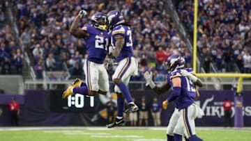 MINNEAPOLIS, MN - OCTOBER 1: Dalvin Cook #33 of the Minnesota Vikings and teammate Jerick McKinnon #21 celebrate a touchdown in the second quarter against the Detroit Lions game on October 1, 2017 at U.S. Bank Stadium in Minneapolis, Minnesota. (Photo by Stephen Maturen/Getty Images)