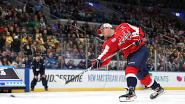 ST LOUIS, MISSOURI - JANUARY 24: John Carlson #74 of the Washington Capitals takes part in the Enterprise NHL Hardest Shot event during the 2020 NHL All-Star Skills competition at Enterprise Center on January 24, 2020 in St Louis, Missouri. (Photo by Dave Sandford/NHLI via Getty Images)