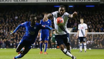 LONDON, ENGLAND - JANUARY 10: Danny Rose of Spurs takes on Nathan Dyer of Leicester City during The Emirates FA Cup third round match between Tottenham Hotspur and Leicester City at White Hart Lane on January 10, 2016 in London, England. During this passage of play Nathan Dyer of Leicester City handled the ball leading to a late Tottenham penalty. (Photo by Matthew Lewis/Getty Images)