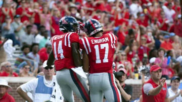 Sep 10, 2016; Oxford, MS, USA; Mississippi Rebels wide receiver D.K. Metcalf (14) and Mississippi Rebels tight end Evan Engram (17) celebrate during the first half against the Wofford Terriers at Vaught-Hemingway Stadium. Mandatory Credit: Justin Ford-USA TODAY Sports