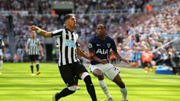 NEWCASTLE UPON TYNE, ENGLAND - AUGUST 13: Ayoze Perez of Newcastle United and Kyle Walker-Peters of Tottenham Hotspur battle for possession during the Premier League match between Newcastle United and Tottenham Hotspur at St. James Park on August 13, 2017 in Newcastle upon Tyne, England. (Photo by Alex Livesey/Getty Images)