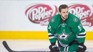 Nov 12, 2015; Dallas, TX, USA; Dallas Stars center Tyler Seguin (91) skates in warm-ups prior to the game against the Winnipeg Jets at the American Airlines Center. The Stars defeat the Jets 6-3. Mandatory Credit: Jerome Miron-USA TODAY Sports