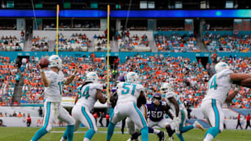 MIAMI GARDENS, FL - DECEMBER 21: Quarterback Ryan Tannehill #17 of the Miami Dolphins throws in the third quarter during a game against the Minnesota Vikings at Sun Life Stadium on December 21, 2014 in Miami Gardens, Florida. (Photo by Rob Foldy/Getty Images)