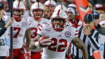Nov 14, 2015; Piscataway, NJ, USA; Nebraska Cornhuskers running back Devine Ozigbo (22) runs the ball against the Rutgers Scarlet Knights during the fourth quarter at High Points Solutions Stadium. Nebraska Cornhuskers defeat the Rutgers Scarlet Knights 31-14. Mandatory Credit: Jim O