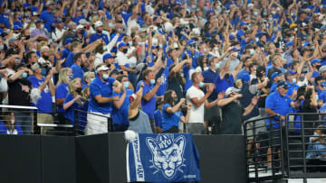 Sep 4, 2021; Paradise, Nevada, USA; Brigham Young Cougars fans cheer during a game against the Arizona Wildcats at Allegiant Stadium. Mandatory Credit: Stephen R. Sylvanie-USA TODAY Sports