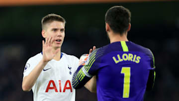 WOLVERHAMPTON, ENGLAND - NOVEMBER 03: Juan Foyth of Spurs celebrates with Spurs goalkeeper Hugo Lloris during the Premier League match between Wolverhampton Wanderers and Tottenham Hotspur at Molineux on November 3, 2018 in Wolverhampton, United Kingdom. (Photo by Simon Stacpoole/Offside/Getty Images)