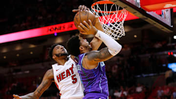 MIAMI, FLORIDA - MARCH 11: Derrick Jones Jr. #5 of the Miami Heat blocks a shot by Miles Bridges #0 of the Charlotte Hornets during the first half at American Airlines Arena on March 11, 2020 in Miami, Florida. NOTE TO USER: User expressly acknowledges and agrees that, by downloading and/or using this photograph, user is consenting to the terms and conditions of the Getty Images License Agreement. (Photo by Michael Reaves/Getty Images)