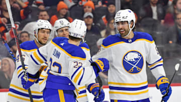 Apr 1, 2023; Philadelphia, Pennsylvania, USA; Buffalo Sabres right wing Alex Tuch (89) celebrates his hat trick with teammates against the Philadelphia Flyers during the third period at Wells Fargo Center. Mandatory Credit: Eric Hartline-USA TODAY Sports