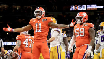 NEW ORLEANS, LOUISIANA - JANUARY 13: Isaiah Simmons #11 of the Clemson Tigers celebrates a defensive stop against the LSU Tigers during the first quarter in the College Football Playoff National Championship game at Mercedes Benz Superdome on January 13, 2020 in New Orleans, Louisiana. (Photo by Mike Ehrmann/Getty Images)