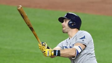 BALTIMORE, MD - SEPTEMBER 22: Evan Longoria #3 of the Tampa Bay Rays takes a swing during a baseball game against the Baltimore Orioles at Oriole Park at Camden Yards on September 22, 2017 in Baltimore, Maryland. The Rays won 8-3. (Photo by Mitchell Layton/Getty Images)
