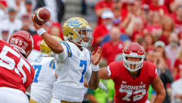 NORMAN, OK - SEPTEMBER 08: UCLA Bruins quarterback Dorian Thompson-Robinson (7) passes against Oklahoma Sooners during the UCLA Bruins game versus the Oklahoma Sooners on September 08, 2018, at Gaylord Family Oklahoma Memorial Stadium in Norman, OK. (Photo by Alonzo Adams/Icon Sportswire via Getty Images)