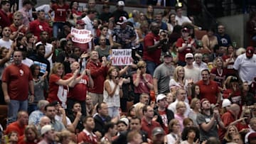 March 26, 2016; Anaheim, CA, USA; Oklahoma Sooners fans in attendance cheer against Oregon Ducks during the first half of the West regional final of the NCAA Tournament at Honda Center. Mandatory Credit: Robert Hanashiro-USA TODAY Sports