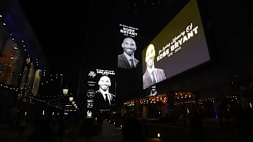 LOS ANGELES, CALIFORNIA - JANUARY 26: Billboards around LA Live pay tribute to Kobe Bryant who died earlier in a helicopter crash on January 26, 2020 in Los Angeles, California. (Photo by Harry How/Getty Images)