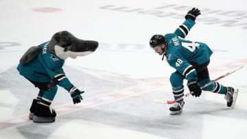 Fantasy Hockey: SAN JOSE, CALIFORNIA - JANUARY 15: Tomas Hertl #48 of the San Jose Sharks celebrates with Sharkie after the Sharks beat the Pittsburgh Penguins at SAP Center on January 15, 2019 in San Jose, California. Hertl finished the night with a hat trick. (Photo by Ezra Shaw/Getty Images)