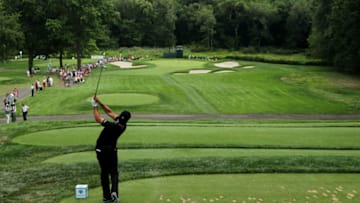 PARAMUS, NJ - AUGUST 24: Jason Day of Australia plays his shot from the eighth tee during the final round of The Barclays at The Ridgewood Country Club on August 24, 2014 in Paramus, New Jersey. (Photo by Hunter Martin/Getty Images)