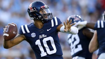 OXFORD, MS - SEPTEMBER 15: Jordan Ta'amu #10 of the Mississippi Rebels throws the ball during the first half against the Alabama Crimson Tide at Vaught-Hemingway Stadium on September 15, 2018 in Oxford, Mississippi. (Photo by Jonathan Bachman/Getty Images)