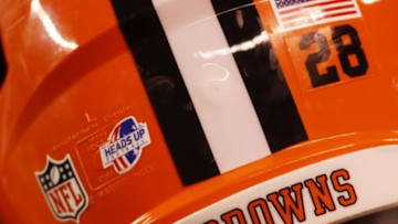 Aug 15, 2013; Cleveland, OH, USA; Heads Up Football logo on the helmet of Cleveland Browns running back Dion Lewis (not pictured) during the fourth quarter at FirstEnergy Field. Mandatory Credit: Ron Schwane-USA TODAY Sports