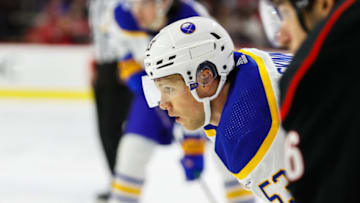 RALEIGH, NC - DECEMBER 02: Jeff Skinner #53 of the Buffalo Sabres looks on during the first period of the game against theCarolina Hurricanes at PNC Arena on December 02, 2023 in Raleigh, North Carolina. (Photo by Jaylynn Nash/Getty Images)
