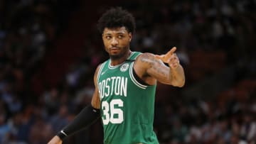 MIAMI, FLORIDA - JANUARY 28: Marcus Smart #36 of the Boston Celtics reacts against the Miami Heat during the second half at American Airlines Arena on January 28, 2020 in Miami, Florida. NOTE TO USER: User expressly acknowledges and agrees that, by downloading and/or using this photograph, user is consenting to the terms and conditions of the Getty Images License Agreement. (Photo by Michael Reaves/Getty Images)