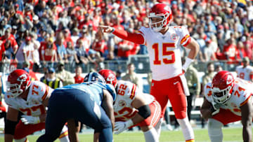 NASHVILLE, TENNESSEE - NOVEMBER 10: Quarterback Patrick Mahomes #15 of the Kansas City Chiefs calls a play against the Tennessee Titans during the first half at Nissan Stadium on November 10, 2019 in Nashville, Tennessee. (Photo by Frederick Breedon/Getty Images)