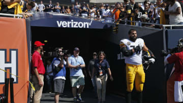 CHICAGO, IL - SEPTEMBER 24: Alejandro Villanueva #78 of the Pittsburgh Steelers stands by himself in the team's tunnel during the national anthem prior to a game against the Chicago Bears at Soldier Field on September 24, 2017 in Chicago, Illinois. Villanueva, a former Army Ranger who served terms in Afghanistan, was the lone Steeler to appear during the anthem. The Bears won 23-17 in overtime. (Photo by Joe Robbins/Getty Images)