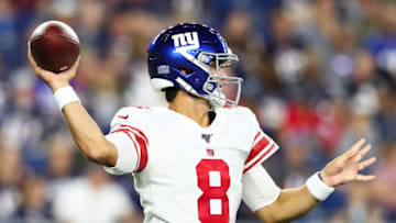 FOXBOROUGH, MA - AUGUST 29: Daniel Jones #8 of the New York Giants throws the football during a preseason game against the New England Patriots at Gillette Stadium on August 29, 2019 in Foxborough, Massachusetts. (Photo by Adam Glanzman/Getty Images)