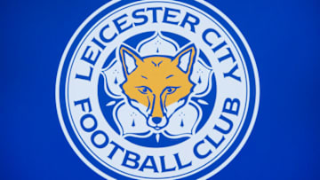 LEICESTER, ENGLAND - JANUARY 23: A general view of the official Leicester City club badge outside the King Power Stadium ahead of the Premier League match between Leicester City and Brighton & Hove Albion at The King Power Stadium on January 22, 2022 in Leicester, England. (Photo by Joe Prior/Visionhaus via Getty Images)