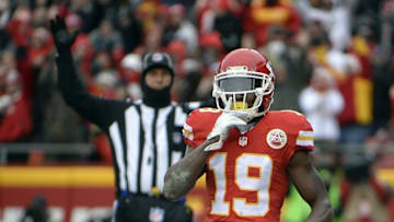 Dec 27, 2015; Kansas City, MO, USA; Kansas City Chiefs wide receiver Jeremy Maclin (19) celebrates after catching a touchdown pass against the Cleveland Browns in the first half at Arrowhead Stadium. Mandatory Credit: John Rieger-USA TODAY Sports