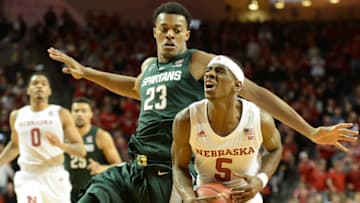 LINCOLN, NE - JANUARY 17: Glynn Watson Jr. #5 of the Nebraska Cornhuskers drives past Xavier Tillman #23 of the Michigan State Spartans at Pinnacle Bank Arena on January 17, 2019 in Lincoln, Nebraska. (Photo by Steven Branscombe/Getty Images)